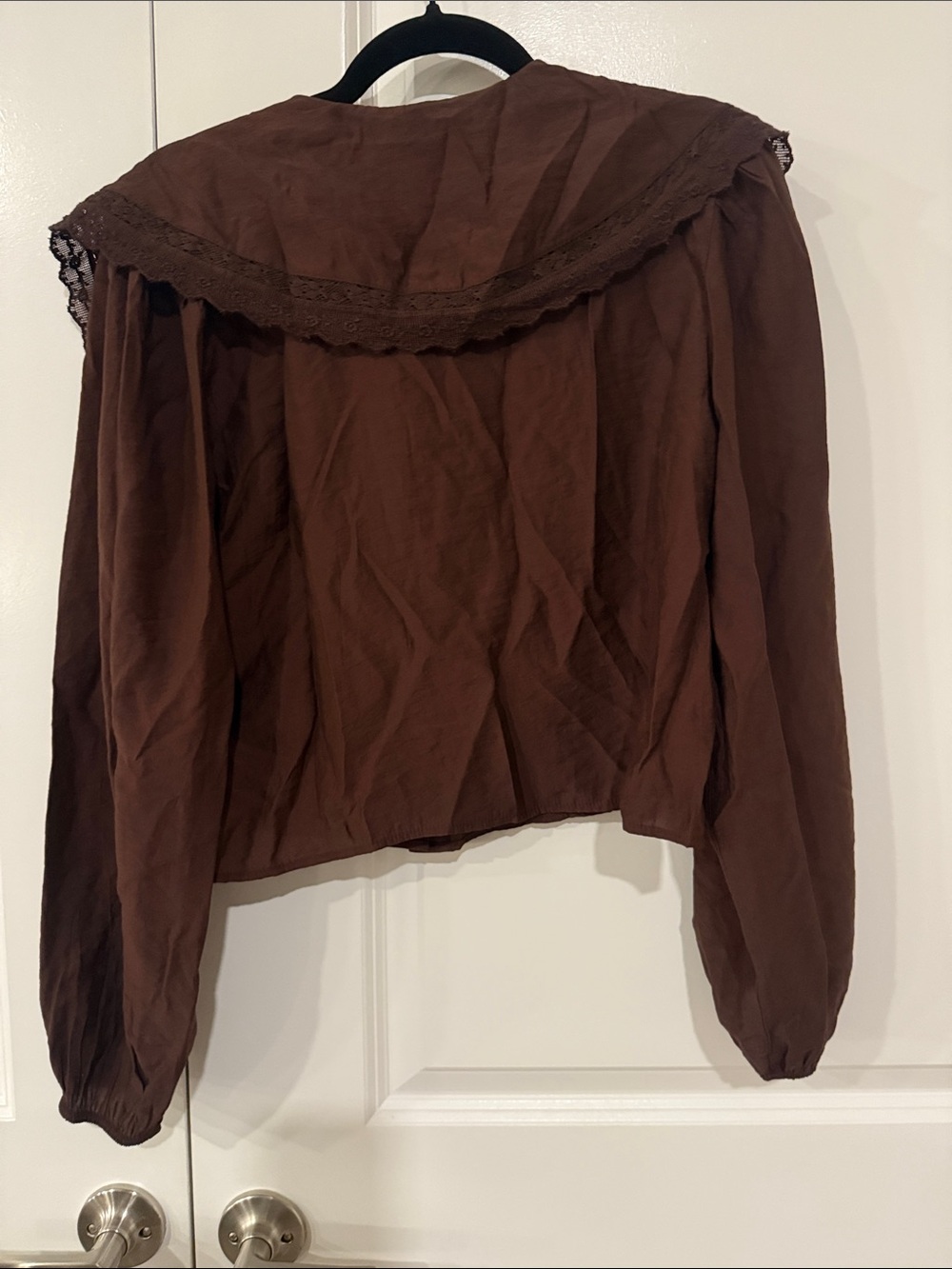Zara Flowy Brown Lace-Trim Peter Pan Button-Down Blouse size S - Picture 9 of 9